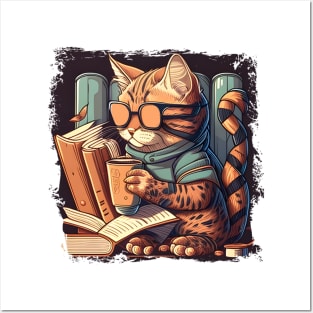 Cool Cat Reading Book - Caffeine Coffee Cat Posters and Art